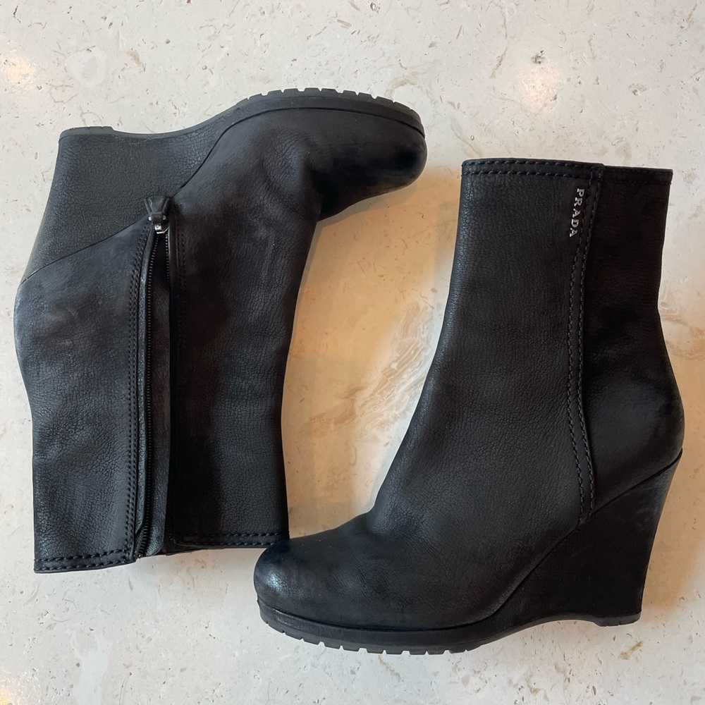 Prada Línea Rosa tumbled leather black boot wedges in size 37